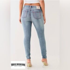 True Religion Jennie Curvy Pink Stitch Mid Rise Skinny TikTok Jeans Size 26/27